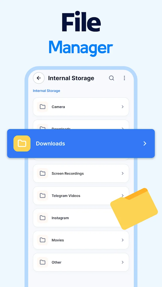 AI Clean file manager showing internal storage folders: Camera, Downloads, Screen Recordings, Telegram Videos, Instagram, Movies and Other